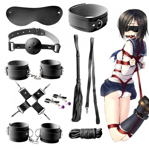HOWOSEX 9pcs/set BDSM bondage Set kits Adult games Binding rope handcuffs breast clip leather whip mouth ball alternative adult sex toy wholesale