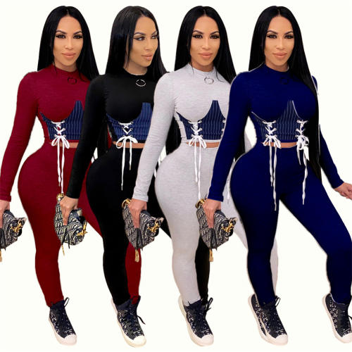 Sexy Slim Streetwear For Women Solid Color Lace-up Two Piece Set PQ4321A