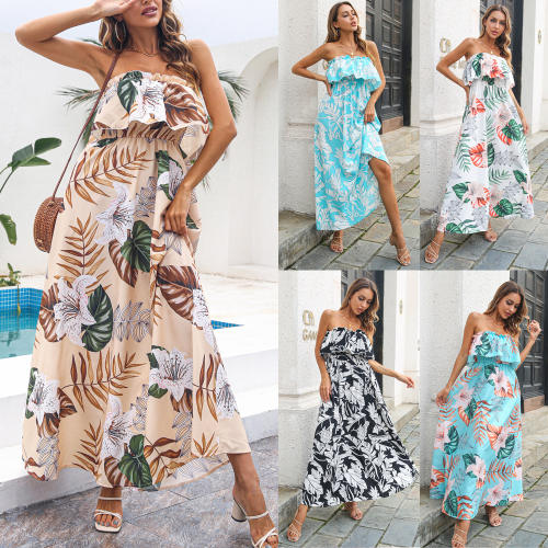 Fashion Off Shoulder Maxi Dresses Floral Printed Strapless Casual Dress PQ8203