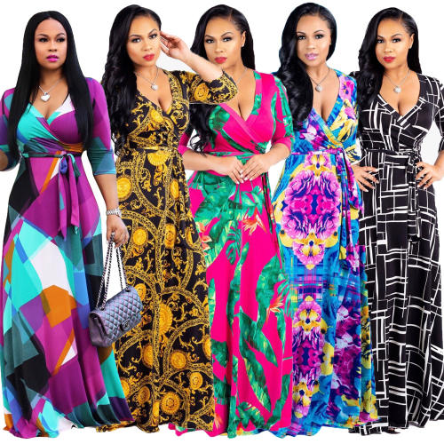 Digital Print Casual Boho Dress Women Half Sleeve Maxi Dresses PQ2260