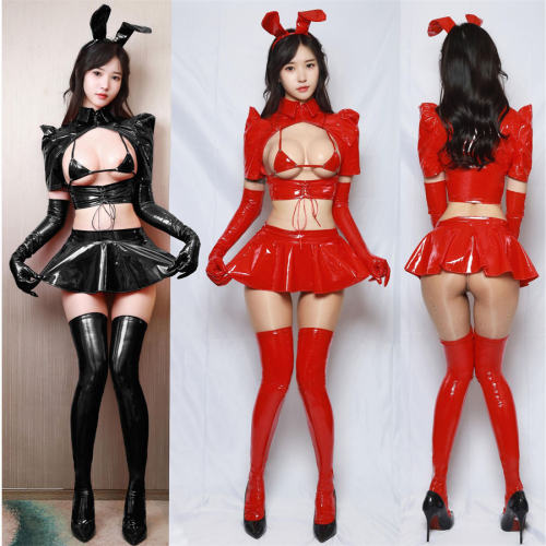 Sexy Bunny Dresses Faux Leather Mini Dress Woman Club Wear PQ6645