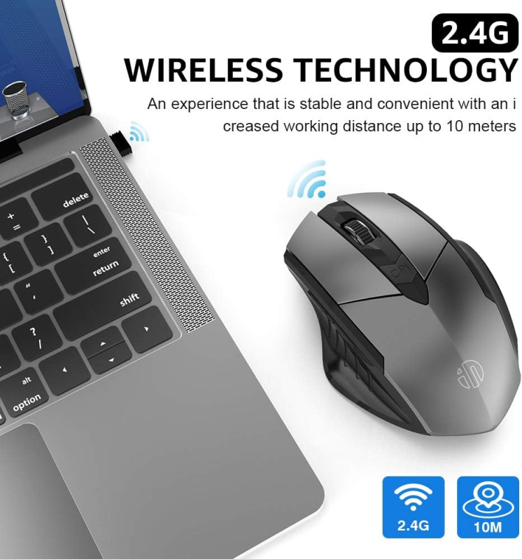 INPHIC Wireless Mouse, Large Ergonomic Rechargeable 2.4G Optical PC Laptop Cordless Mice 500mAh with USB Nano Receiver, for Windows Computer Office, Grey