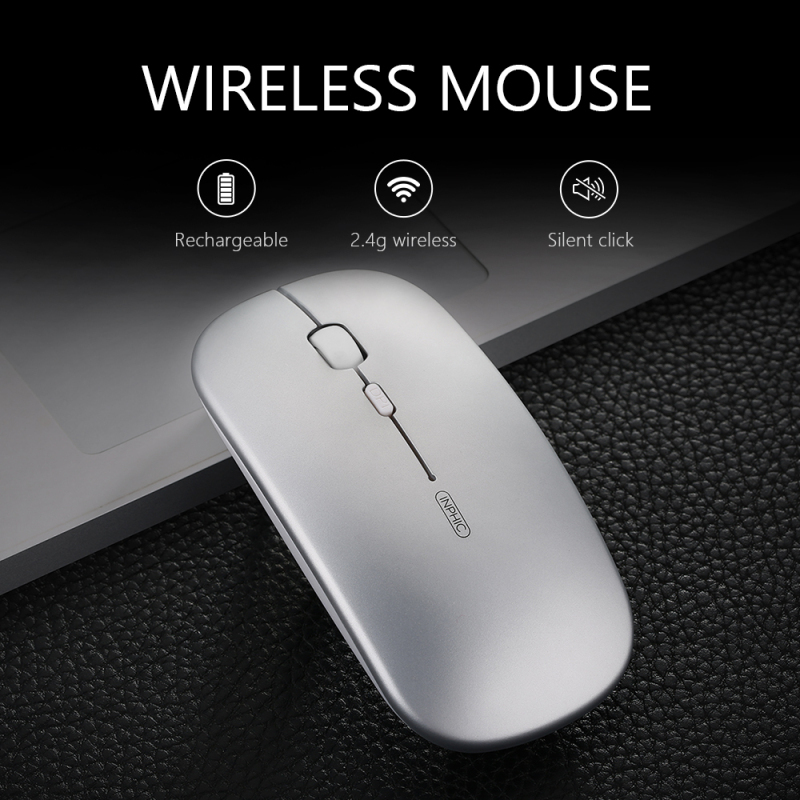 Wireless Mouse,Rechargeale & Noiseless, Inphic Ultra Slim USB 2.4G PC Computer Laptop Cordless Mice with USB Nano Receiver, 1600 DPI Travel Mouse for Office Windows Mac Linux Macbook, Silver
