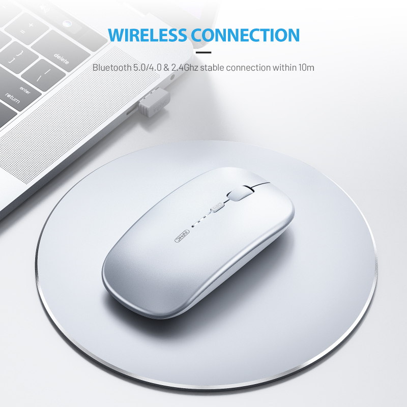 Bluetooth Mouse, INPHIC Multi-Device Slim Silent Rechargeable Bluetooth Wireless Mouse (Tri-Mode: BT 5.0/4.0+2.4G), 1600DPI Portable Mouse for iPad MacBook Laptop Android Tablet Windows PC, Silver