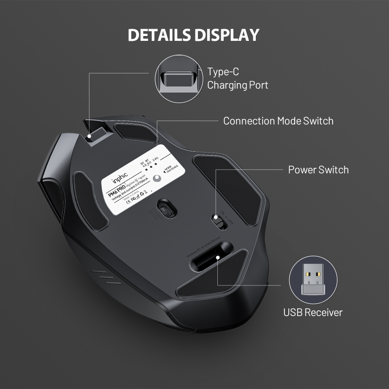 INPHIC PM6Pro Bluetooth Mouse [Upgraded: Battery Level Visible], Inphic Rechargeable Wireless Mouse Multi-Device (Tri-Mode:BT 5.0/4.0+2.4Ghz) with Silent, Black