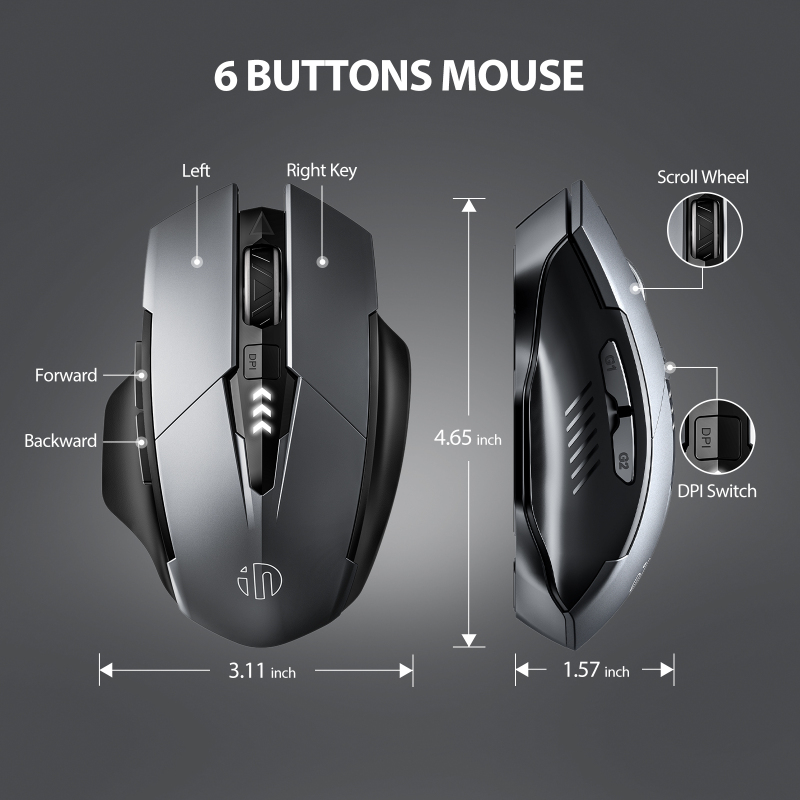 INPHIC PM6Pro Bluetooth Mouse [Upgraded: Battery Level Visible], Inphic Rechargeable Wireless Mouse Multi-Device (Tri-Mode:BT 5.0/3.0+2.4Ghz) with Silent,Grey