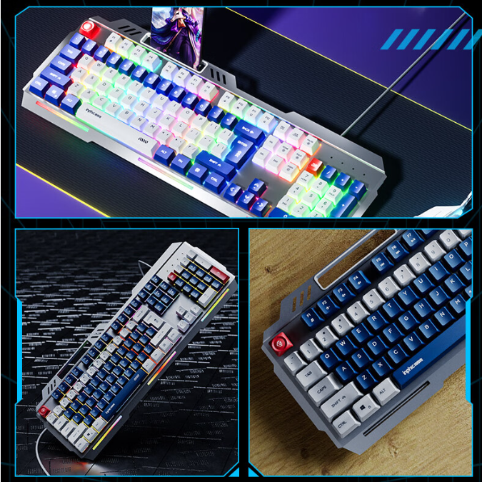 INPHIC K9 Computer Wired Keyboard, Full Size USB Keyboard with 104 Keys, Wired Gaming Luminous Metal Panel 26 Keys Punchless Mech Keyboard Adaptable to Desktop PCs, Laptops, Blue and White Mechs