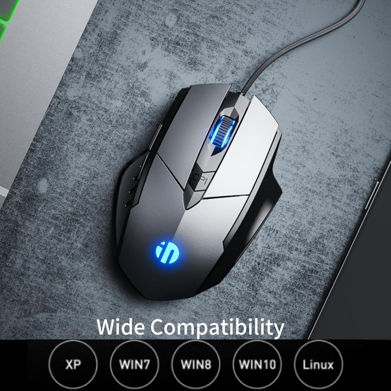 INPHIC W1 Wired Gaming Mouse, Silent Click and Programable, 3200DPI, 6-Button, Corded Mouse for PC Computer Laptop MacBook Office & Game, Black
