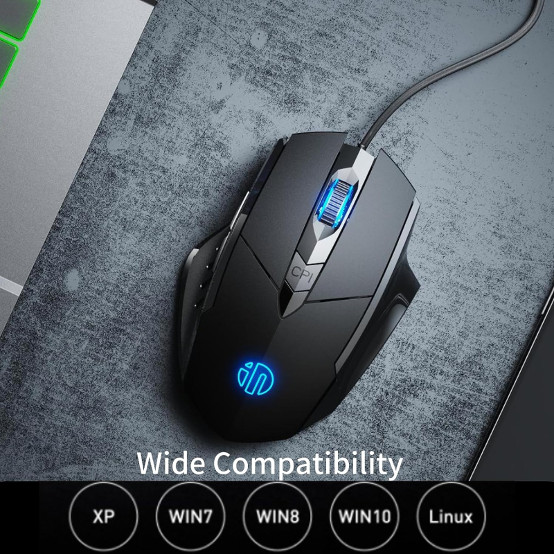 INPHIC W1 Wired Gaming Mouse, Silent Click and Programable, 3200DPI, 6-Button, Corded Mouse for PC Computer Laptop MacBook Office & Game, Black