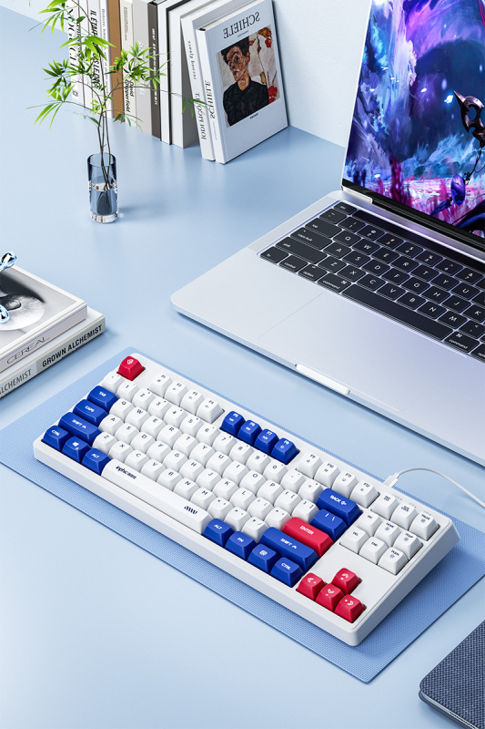 INPHIC K9 Ⅱ Computer Wired Keyboard, Full Size Keyboard with 87 Keys, Wired Gaming Luminous Metal Panel 26 Keys Punchless Mech Keyboard Adaptable to Desktop PCs, Laptops, White and Blue Mechs