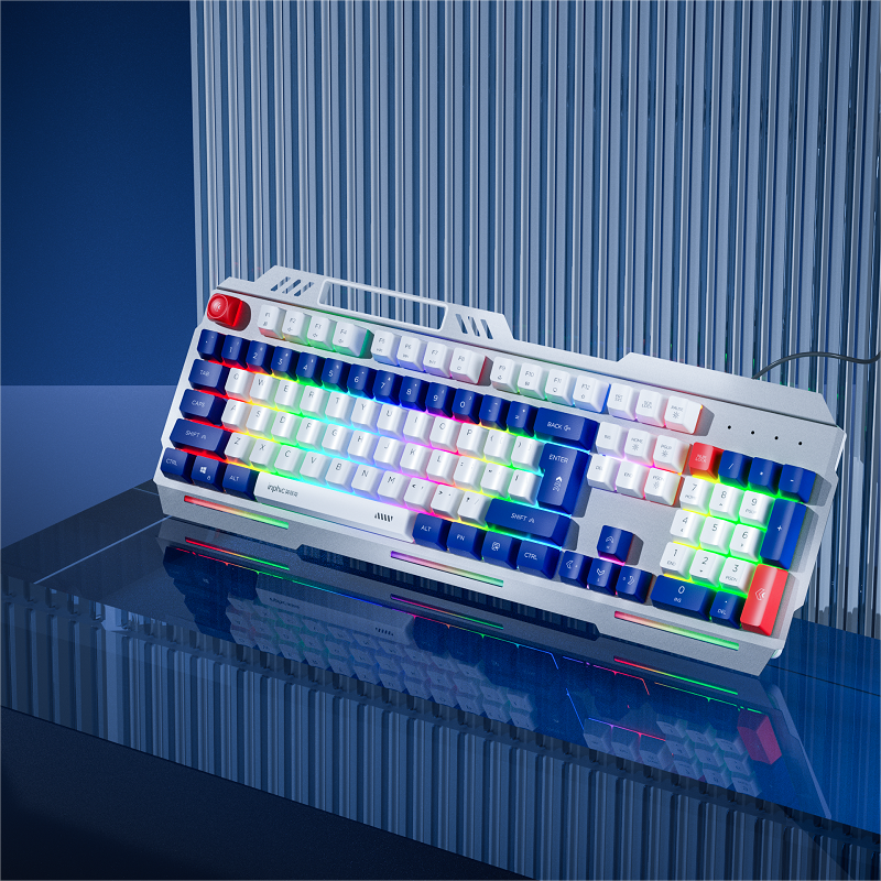 INPHIC K9 Computer Wired Keyboard, Full Size Keyboard with 104 Keys, Wired Gaming Luminous Metal Panel 26 Keys Punchless Mech Keyboard Adaptable to Desktop PCs, Laptops, White and Blue Mechs