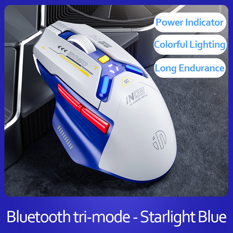 INPHIC IN9 Wired & Wireless Mouse Rechargeable RGB Lighting Gaming Mice 10000DPI 6 Buttons Programmable &Tri-mode Bluetooth Optical Sensor Mouse (type C wired/2.4GHz/Bluetooth5.0), Blue&White