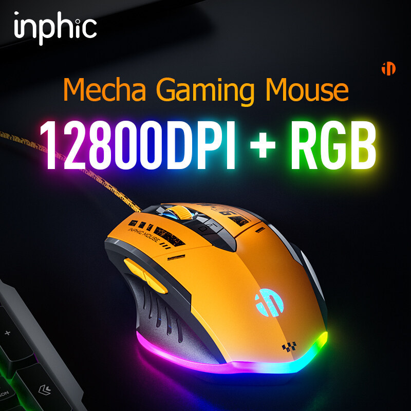 INPHIC Wired Gaming Mouse [Breathing RGB LED] High-Precision Adjustable 12800 DPI, 6 Programmable Buttons, Ergonomic Computer USB Mice for Windows/PC/Mac/Laptop Gamer