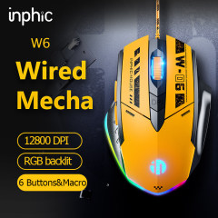 INPHIC W6 Wired Gaming Mouse [Breathing RGB LED] High-Precision Adjustable 12800 DPI, 6 Programmable Buttons, Ergonomic Computer USB Mice for Windows/PC/Mac/Laptop Gamer