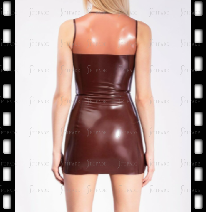 Latex Sheath Dress Contrasting Colors Around Neck Mini Length Sleeveless Skirts Customized No Zip 0.4mm