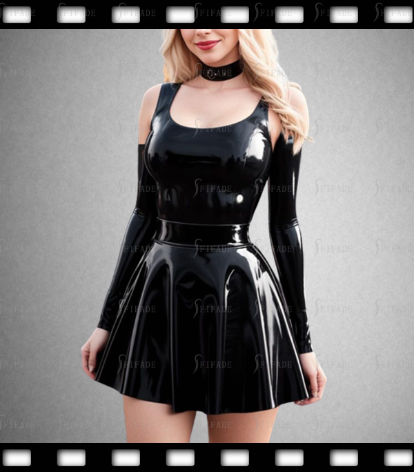 Latex Dress with Oversleeves Scoop Neck Pleated Sun Skirts Back Zip Customized 0.4mm