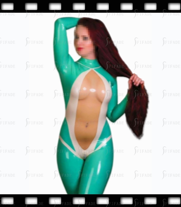 Latex Catsuit for Women Front Transparent Contrast Color Unique Sexy Back 3 way Zip Customized 0.4mm