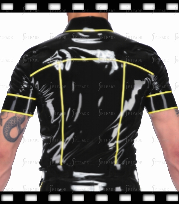 Latex Shirts for Male Short Sleeves Tops Unique Yellow Trims Customized .4mm