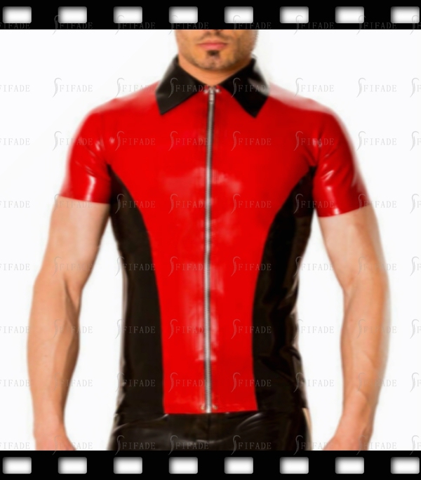Latex Tops for Men Short Sleeves Front Zip Shirts Collar Customized 0.4MM