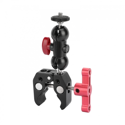 CAMVATE Crab Clamp Bracket with 1/4" Screw Double Ball Head Mount (Red T-handle)