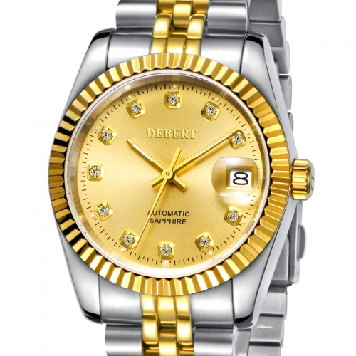 Sapphire Glass GDEBERT Men’s Datejust  Date Steel Golden Diamond Dial Watch