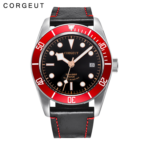Corgeut  41MM Red Bezel Black Dial Rosegold Marks Sapphire Glass Mens Miyota Automatic Watches