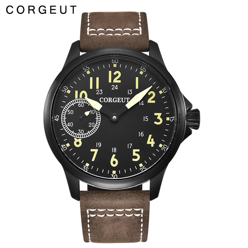 45mm Corgeut black dial 6497 hand winding mens military watch