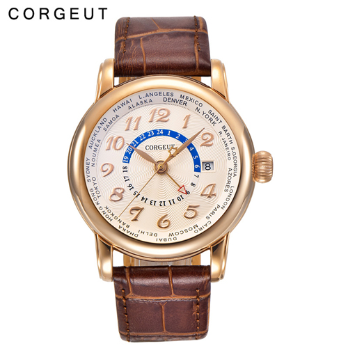 Corgeut Luxury 43mm Date Stainless steel Blue hands GMT Automatic Men