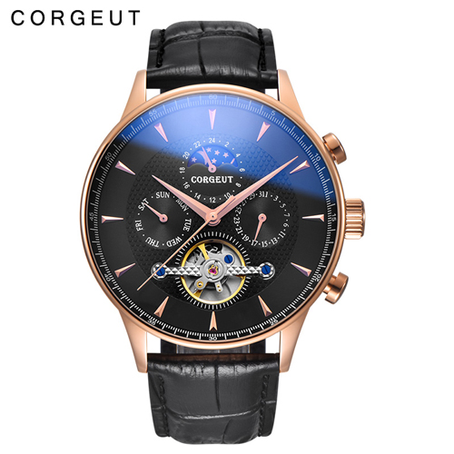 Corgeut 44mm Domed Glass Moon Phase Black Dial Date & Day Mens Automatic Watches