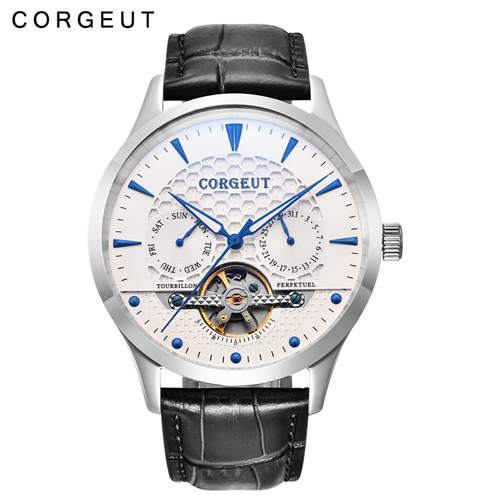 Corgeut 44mm Domed Glass White Dial Date&Day Mens Automatic Watch