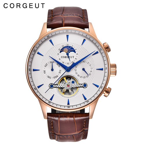 Corgeut 44mm Domed Glass Moon Phase White Dial Date & Day Mens Automatic watches