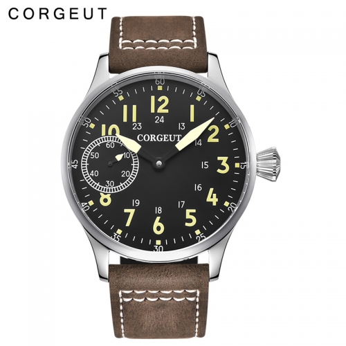 New Arrival 44mm Corgeut black dial 6497 hand winding mens military watch