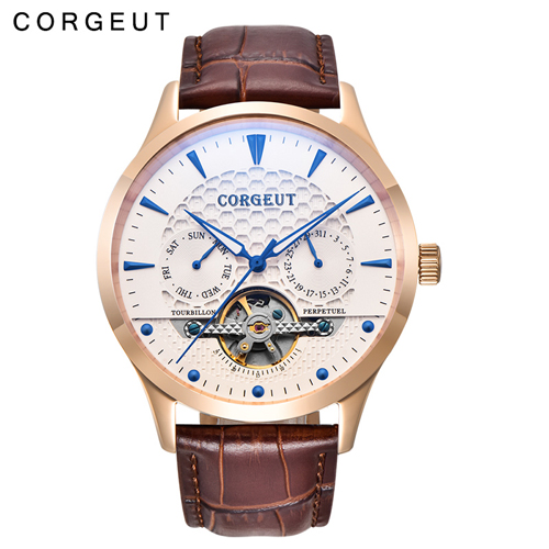 Corgeut 44mm Domed Glass White Dial Blue Hands & Marks Date&Day Automatic WristWatch