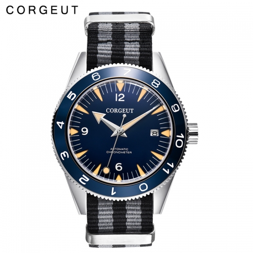 41mm Corgeut blue dial sapphire glass Leather strap Luminous miyota Automatic mens Watch