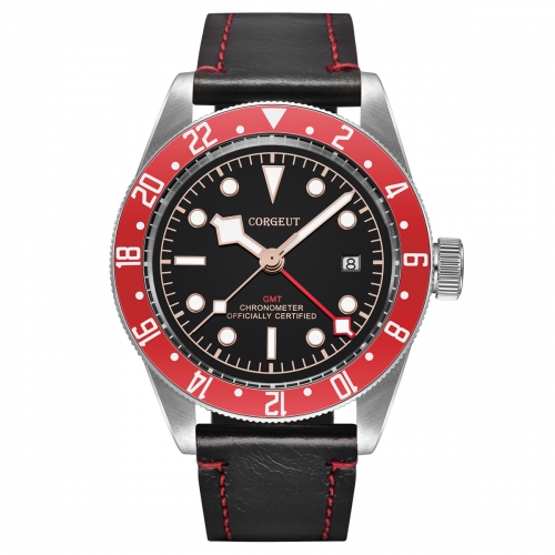 GMT watch 41mm Corgeut Black Dial Bay red bezel date window Automatic Mens Watch