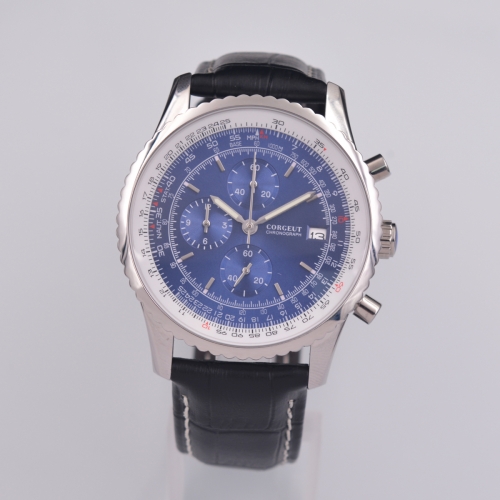 46mm Corgeut blue Dial Date Solid Case Quartz Chronograph Movement mens Watch