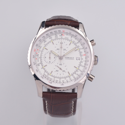 46mm Corgeut white Dial Date Solid Case Quartz Chronograph Movement mens Watch