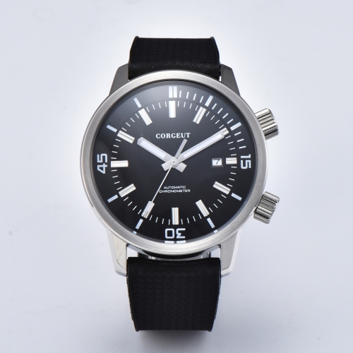Corgeut 45mm Black Dial Date SS case Rubber Luminous Miyota 8215 Automatic Men's Wristwatch