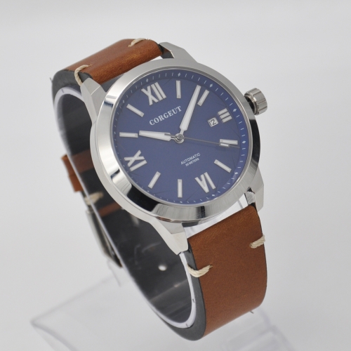 41mm Corgeut blue dial SS case date luminous Sapphire Miyota automatic mens watch