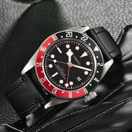 41mm Corgeut GMT Military Black Dial Bay Black&Red Bezel Automatic Mens Watches