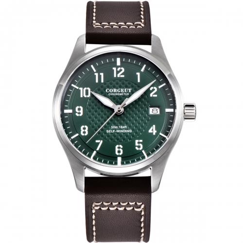 40mm Corgeut green dial SS case date pilot Automatic Japan NH35 mens watch