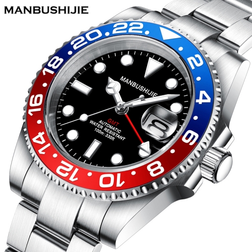 40mm MANBUSHIJIE GMT Black Dial Sapphire glass Automatic Luxury Mens Watch