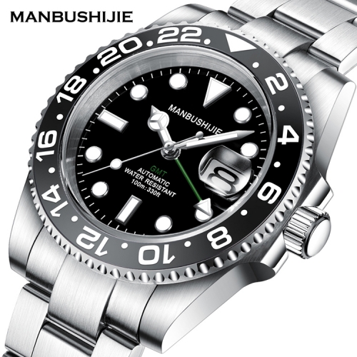 40mm MANBUSHIJIE GMT Black Dial Sapphire ceramic bezel Automatic Luxury Mens Watch