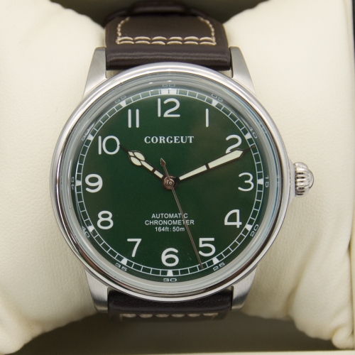 41mm Corgeut green dial SS case luminous leatcher automatic movement mens Watch