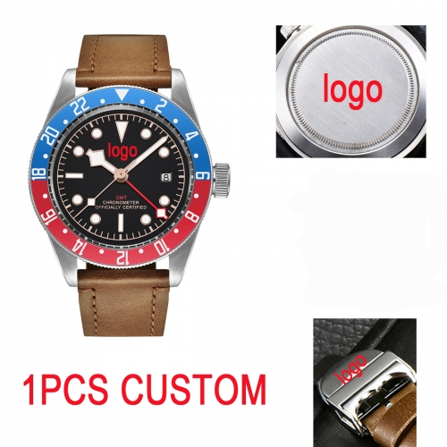 GMT Watch 41mm DIY logo custom Black Dial Bay Black&Red Bezel Leather Mechanical Watches