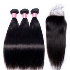 12A 【3PCS+4*4 Lace closure】Peruvian Straight Hair Unprocessed Virgin Hair With 1PC Lace Closure Free Shipping