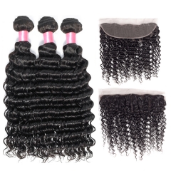 12A 【3PCS+13*4 Lace Frontal】Brazilian Deep Wave Hair Unprocessed Virgin Hair With 1PC Lace Closure Free Shipping