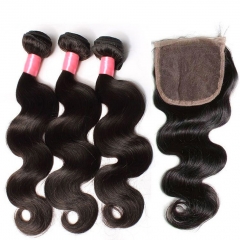 12A 【3PCS+4*4 lace closure】Body Wave Unprocessed Virgin Hair With 1PC Lace Closure Free Shipping