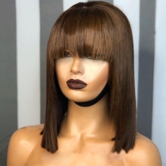 【Chocolate/Light 99j bob】 Full Machinemade Bob Wig With Bangs Glueless No lace Human Hair Wig 250% Density Human Hair Bob Wigs Customize in 7 working