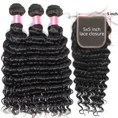 12A 【3PCS+ HD Lace 5*5 】Deep Wave Hair Unprocessed Virgin Hair With 1PC Thin Lace HD Lace Closure Free Shipping